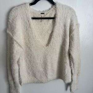 Free People Fuzzy Cream V-Neck Sweater